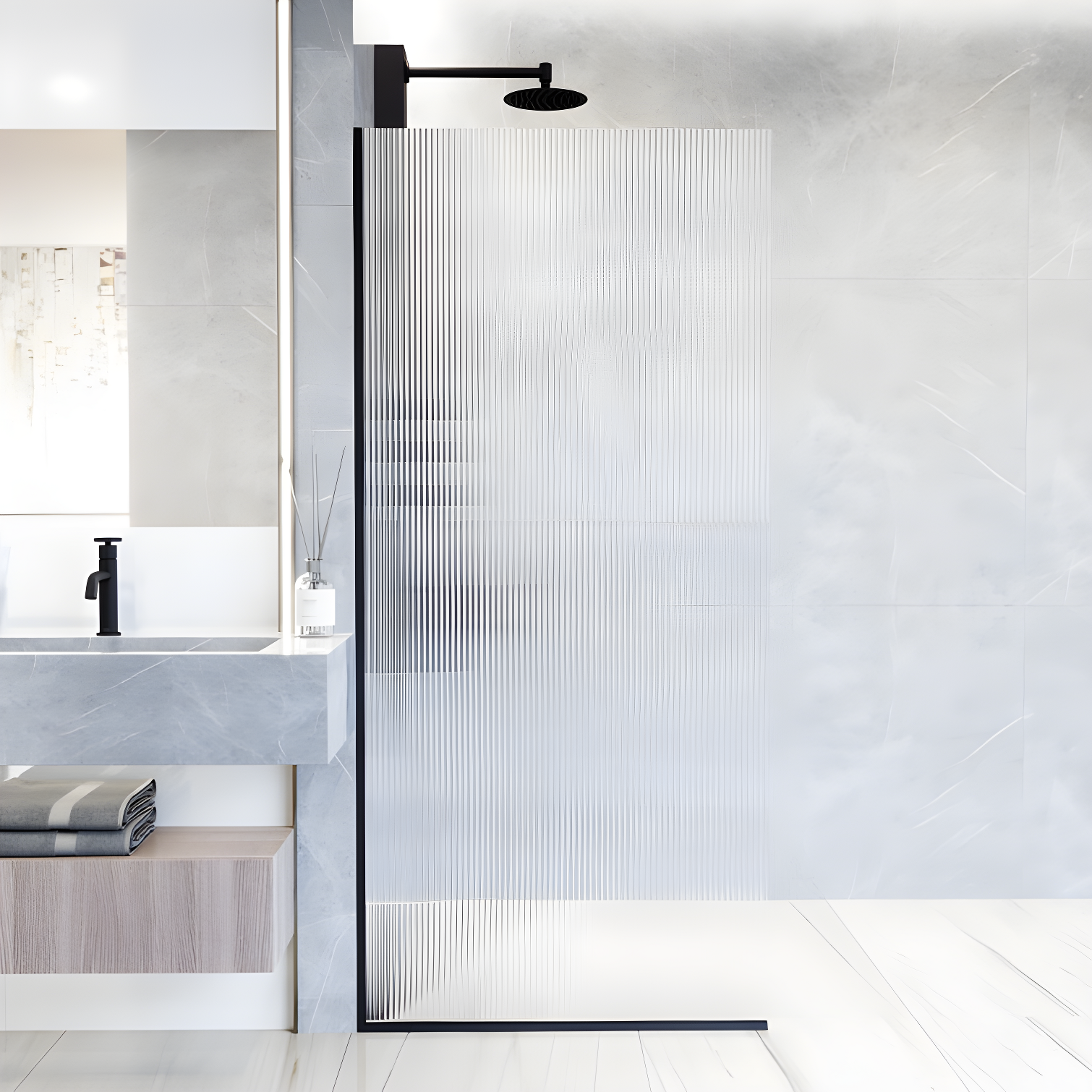 Zenith 34" Matte Black Frameless Fluted Glass Shower Screen