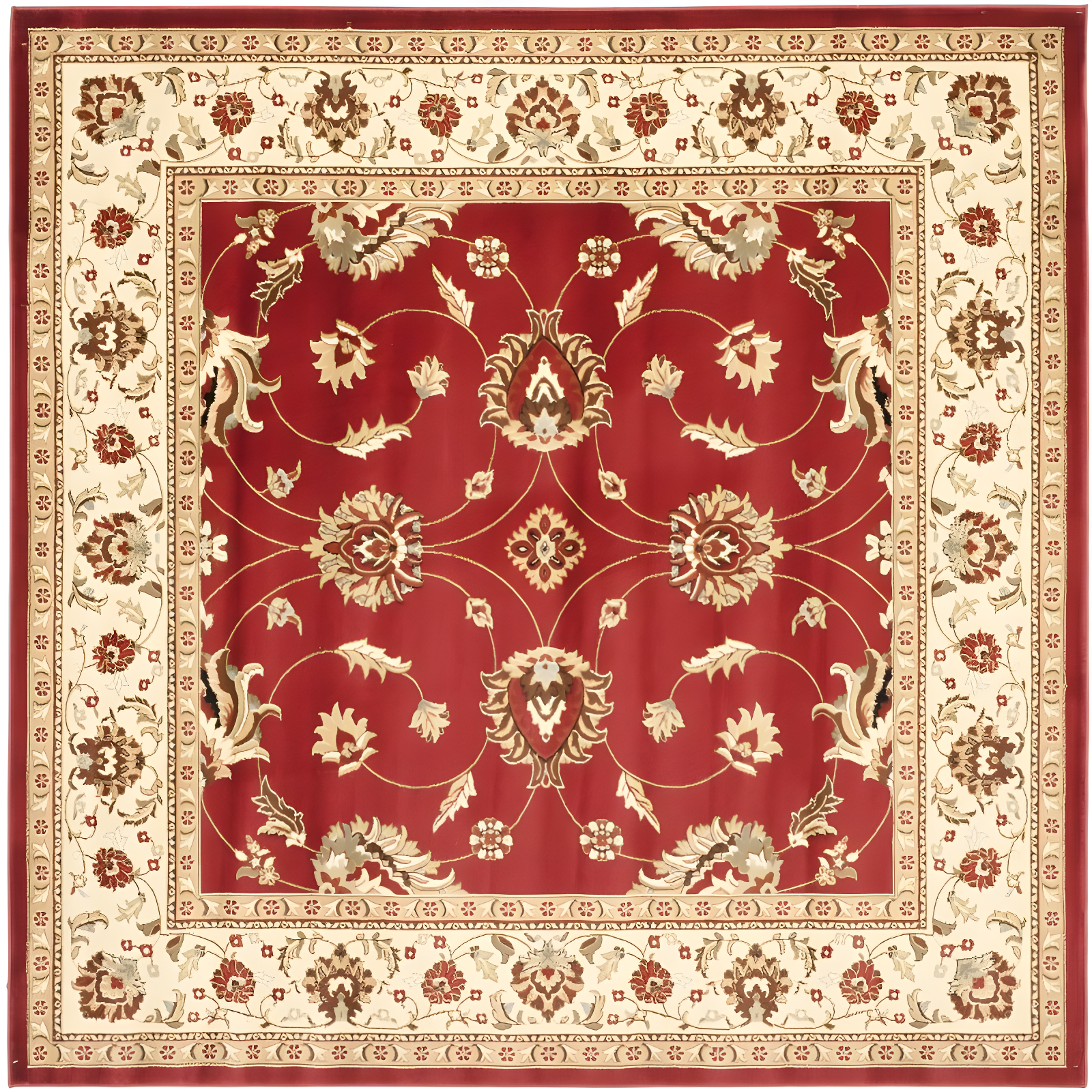 Red and Ivory Synthetic Safavid Style Area Rug, 6'7" Square