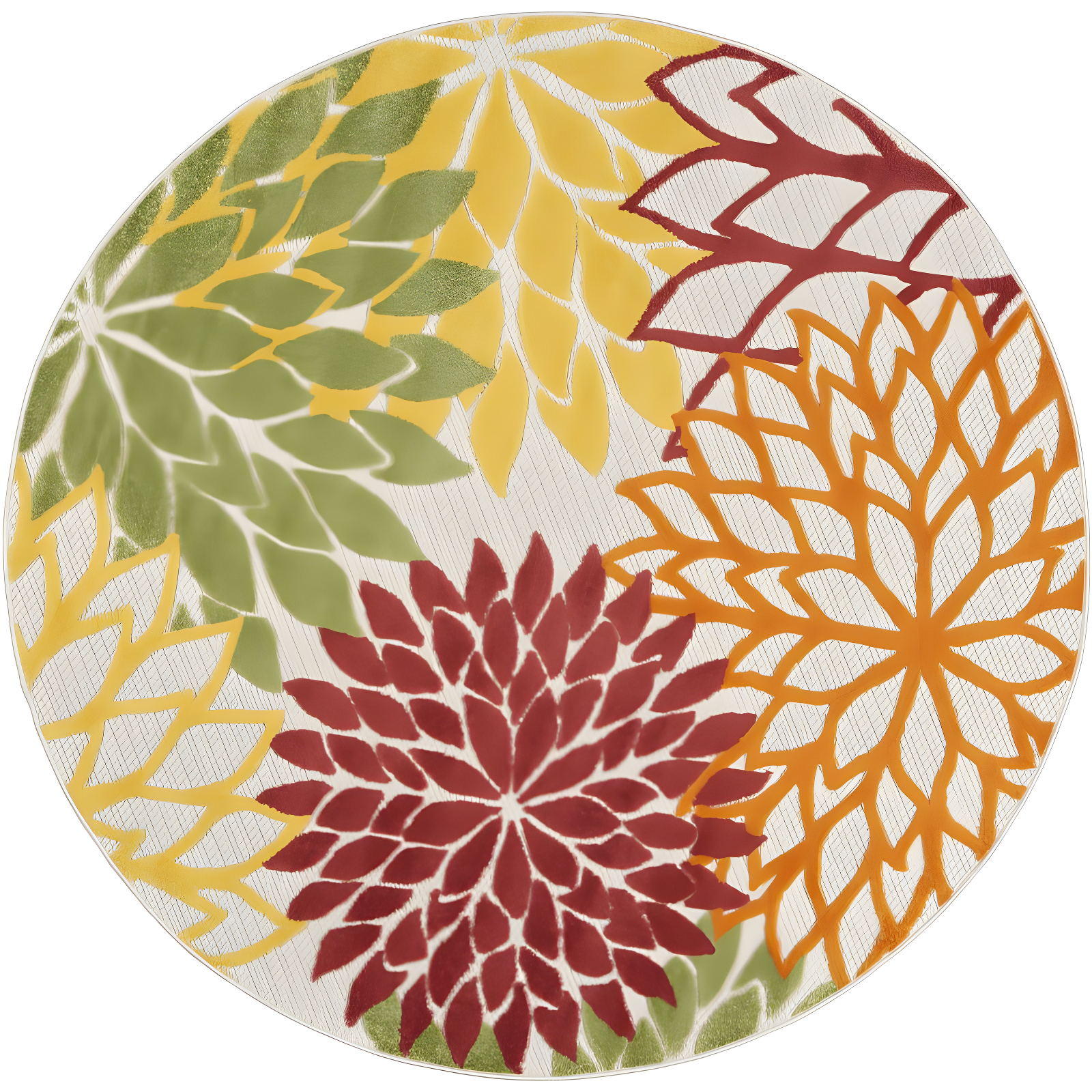 Red Floral Synthetic Round 5'3" Reversible Outdoor Rug