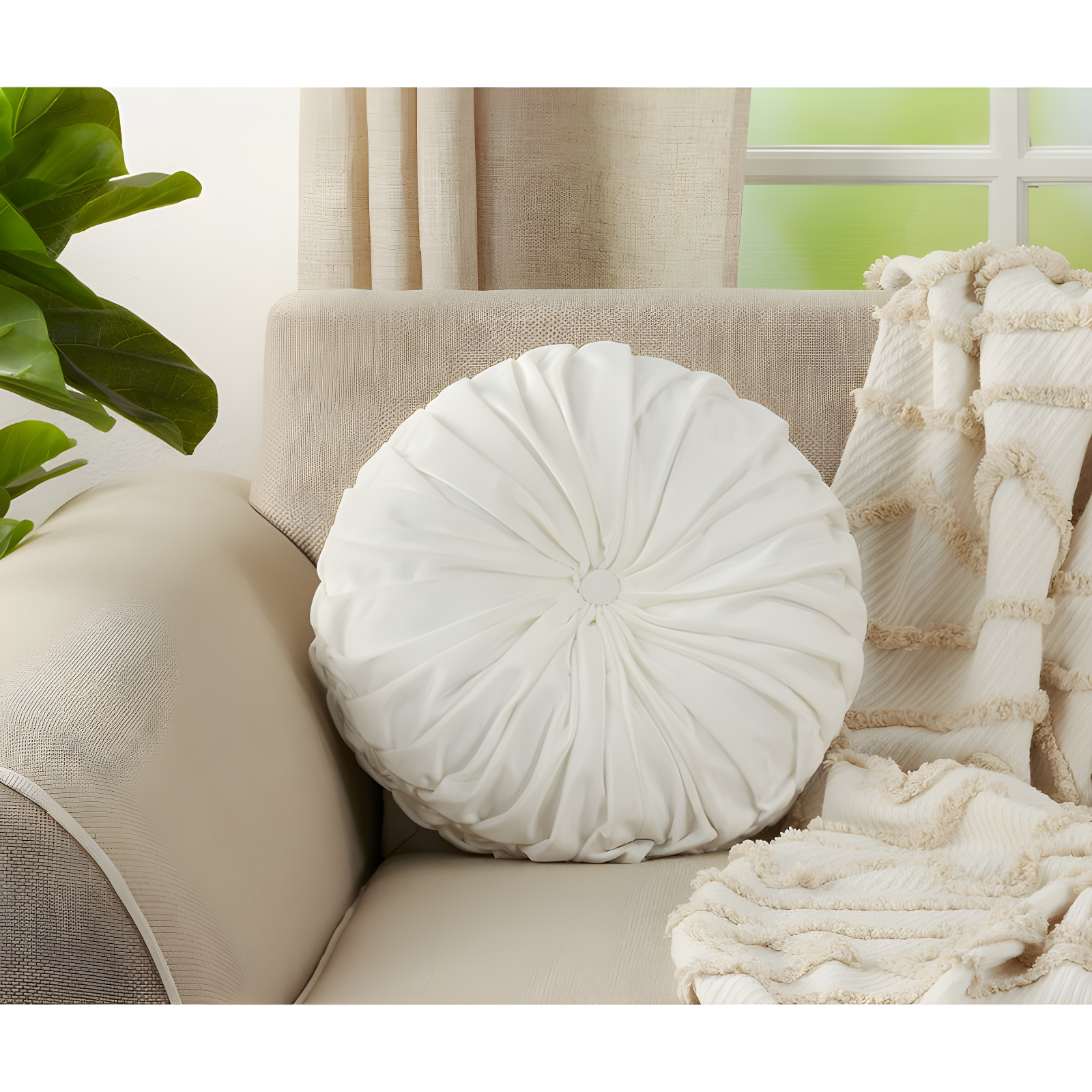 14" White Velvet Pintucked Round Throw Pillow