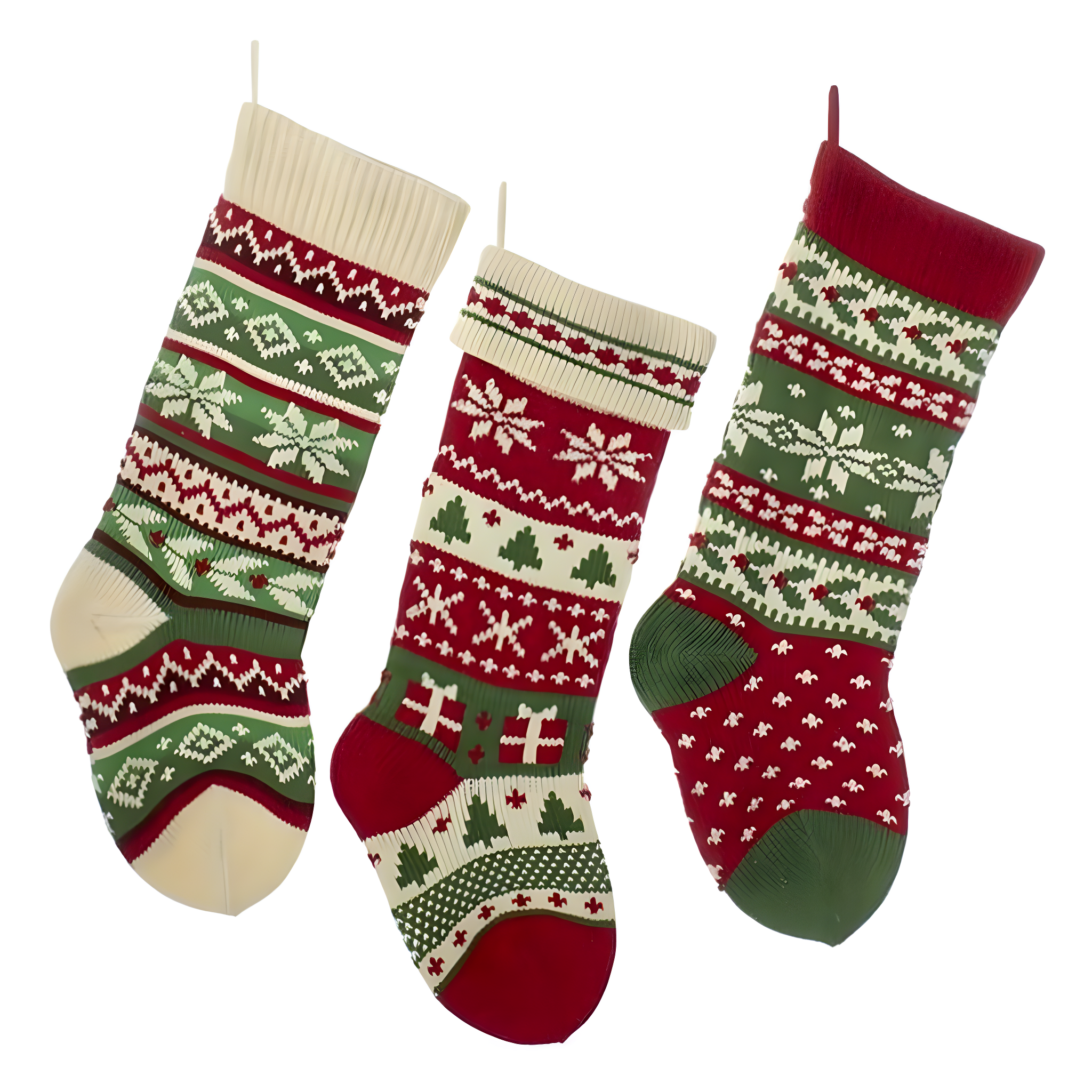 20'' Red and Green Knit Christmas Stockings with Snowflakes and Trees