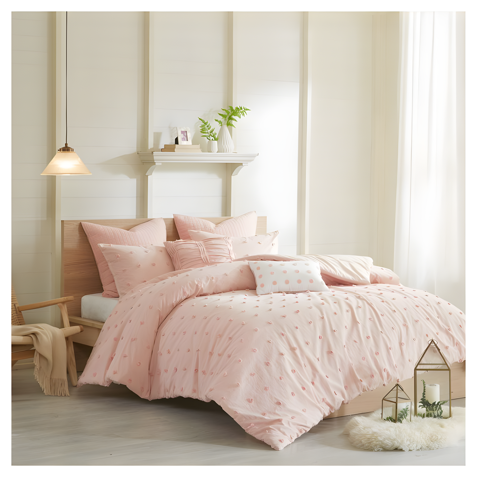 Charming Pink Cotton King Comforter Set with Tufted Accents