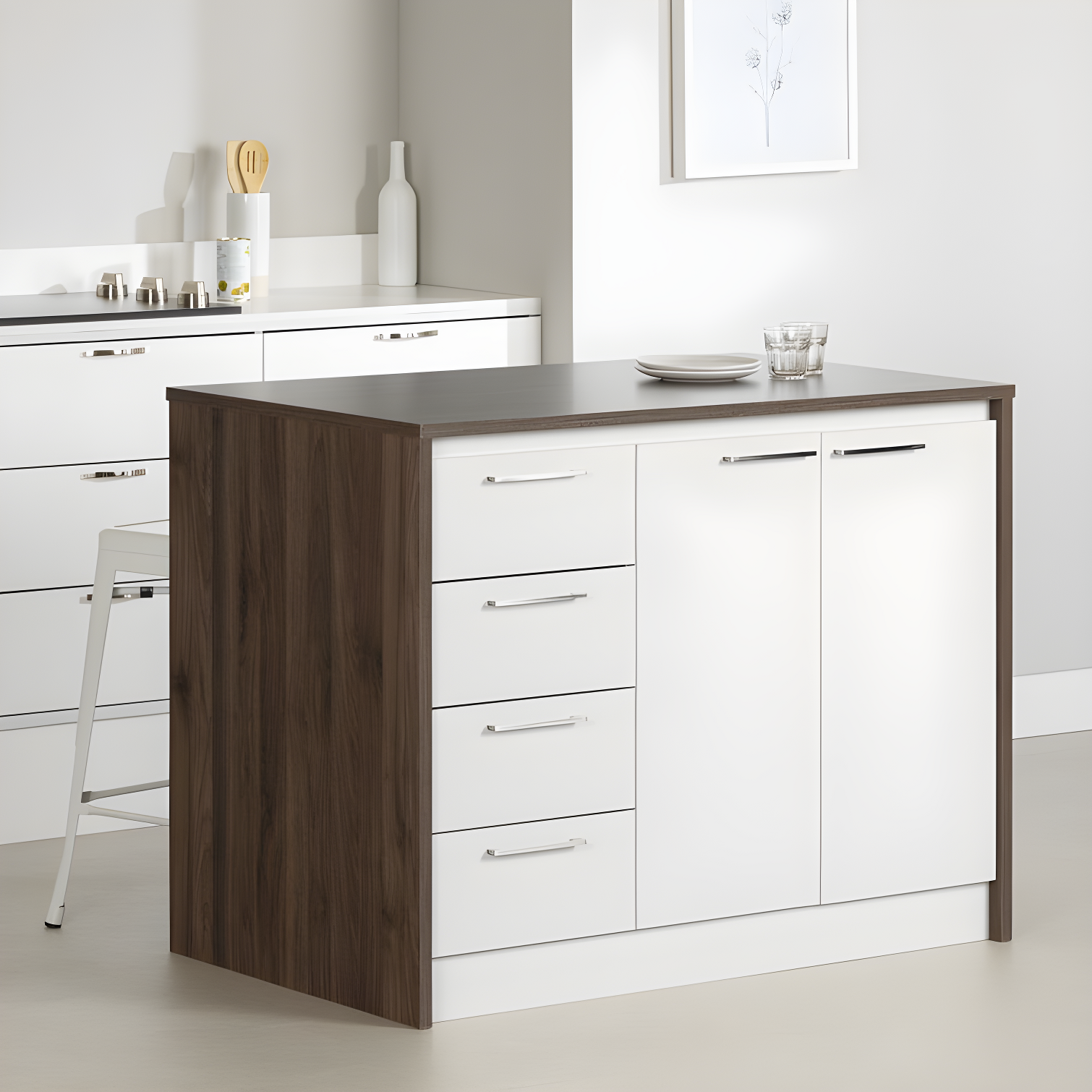 Myro Natural Walnut and White Contemporary Kitchen Island