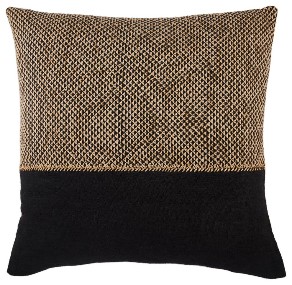 Sila Round Embroidered Linen-Blend 22" Throw Pillow in Tan & Black