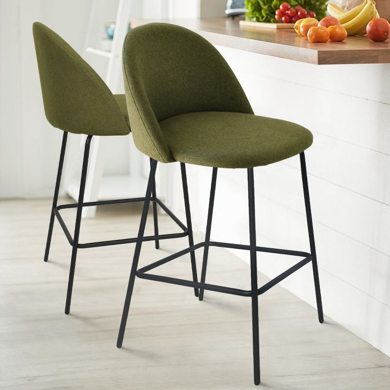 Olive Green Upholstered Counter Stools with Black Metal Frame, Set of 2