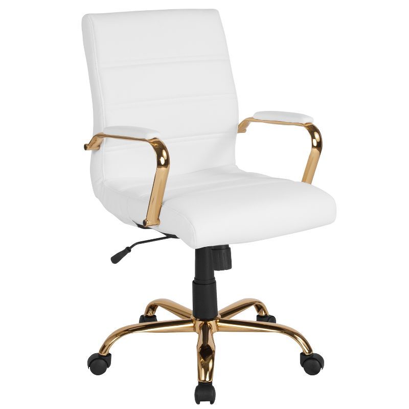 Ergonomic Mid-Back Swivel Executive Chair in White LeatherSoft with Gold Metal Frame