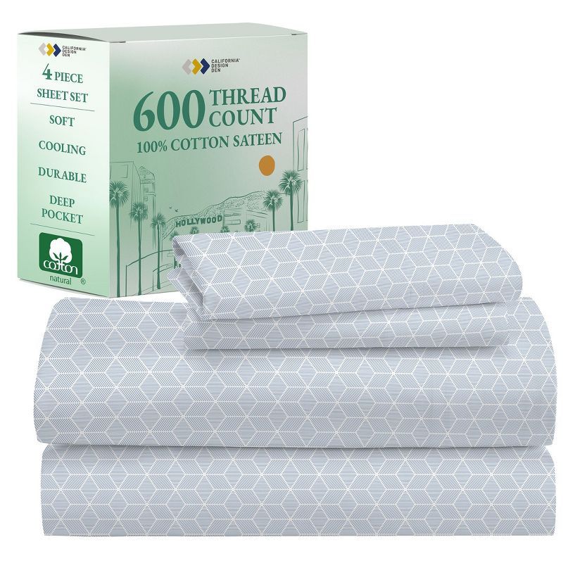 King Size Urban Hex Blue Cotton Sateen Sheet Set