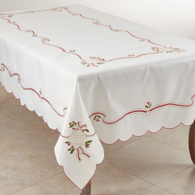 Ivory Rectangular Embroidered Christmas Tablecloth with Holly and Ivy