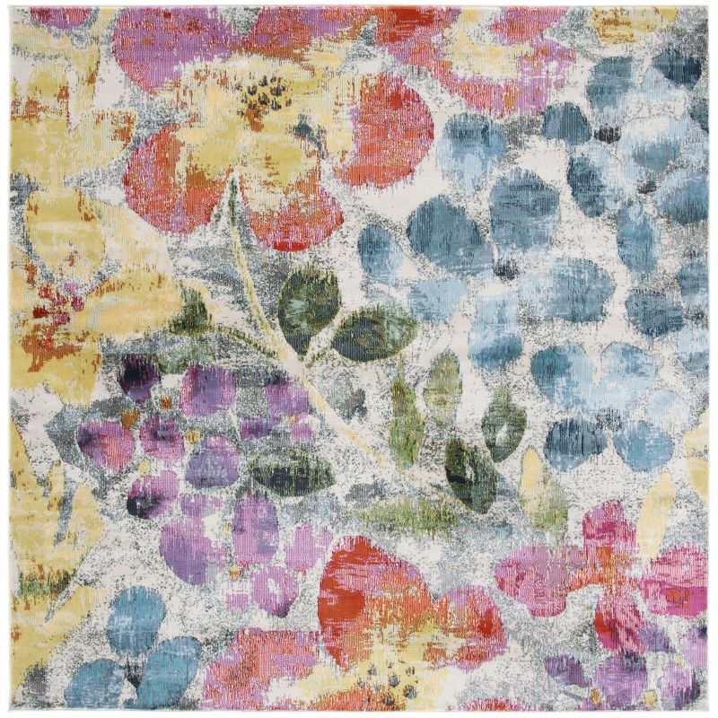 Lillian Square Blue Floral Easy-Care Stain-Resistant Rug