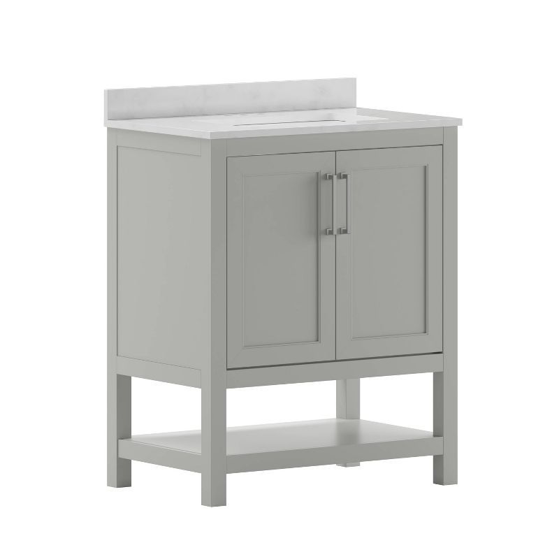 Gray Freestanding Bathroom Vanity with Carrara Marble Top and Ceramic Sink