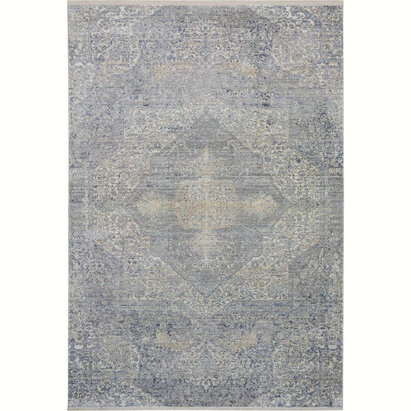 Elysian Medallion Hand-Knotted Wool and Silk Blend Area Rug, Blue and Cream