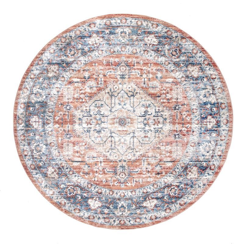Zara Blue and Rust Synthetic Oval Medallion Area Rug 5' x 8'