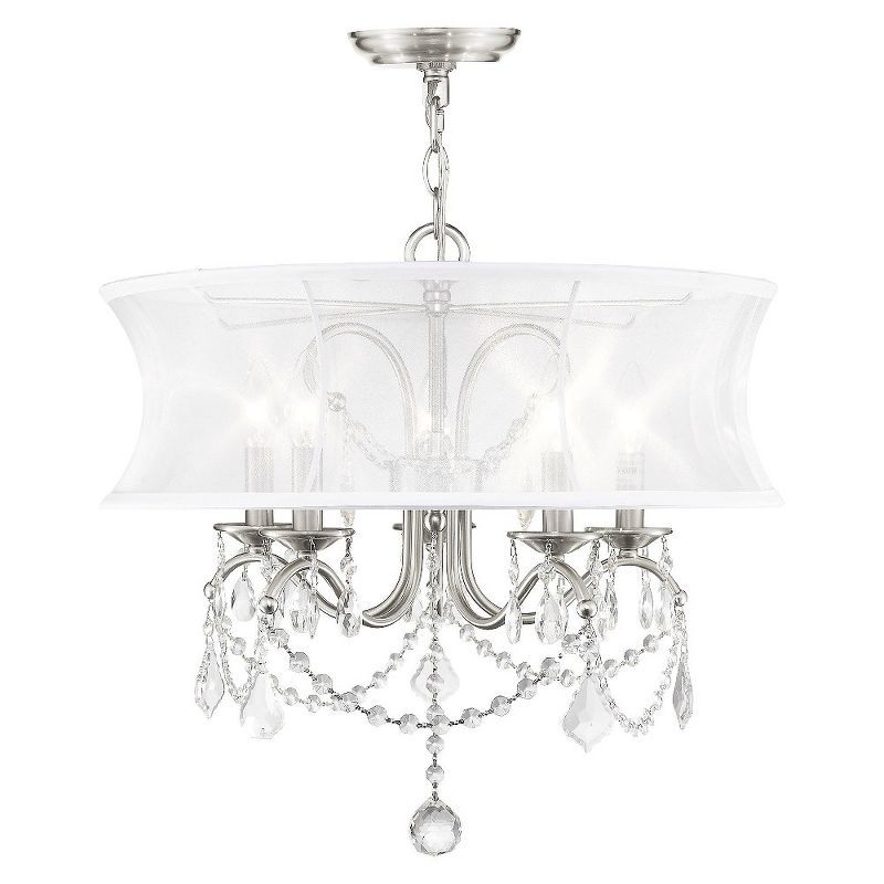 Newcastle Brushed Nickel 5-Light Chandelier with Crystal Drops and Silk Shade