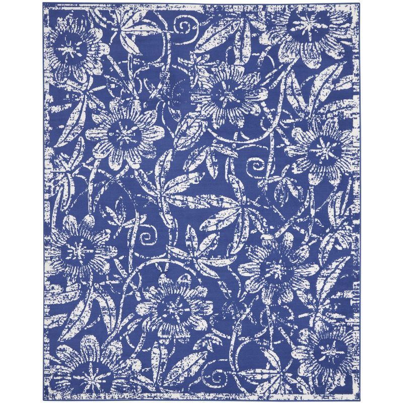 Navy and White Floral Synthetic Kids Area Rug