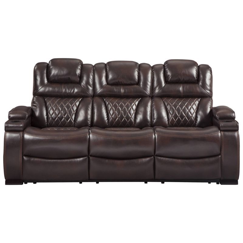 Brown Faux Leather Power Reclining Sofa with Storage and Cup Holders