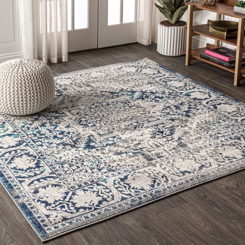 Navy and Light Grey Persian-Style Square Area Rug