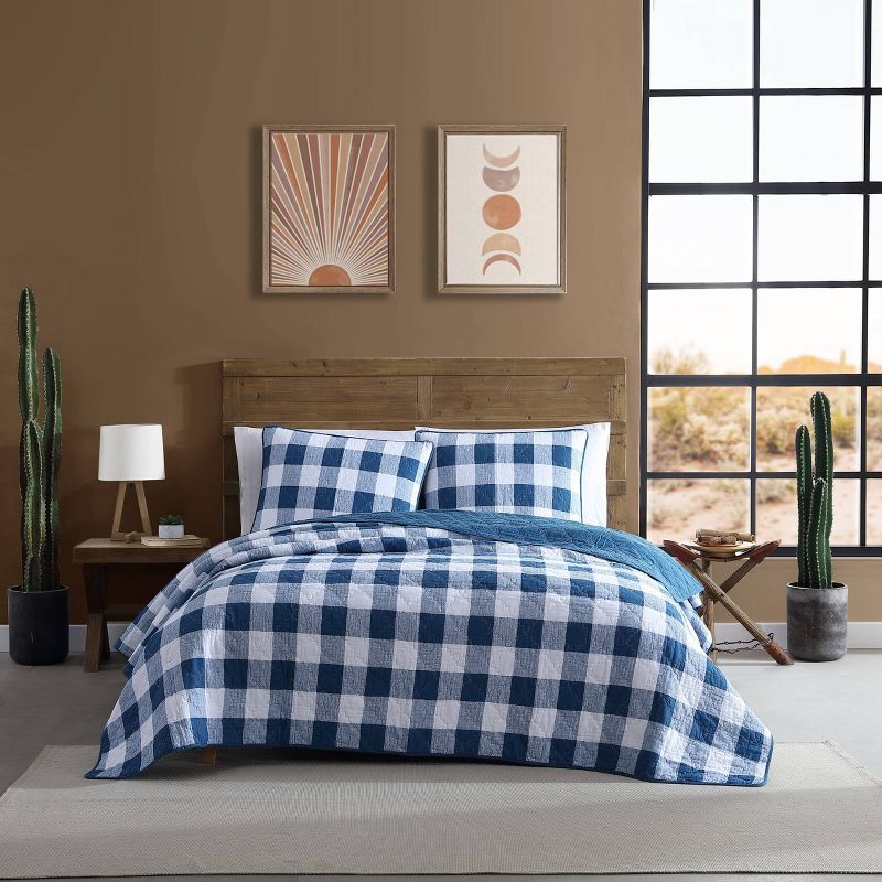 King Blue Cotton Reversible Quilt Set with Shams