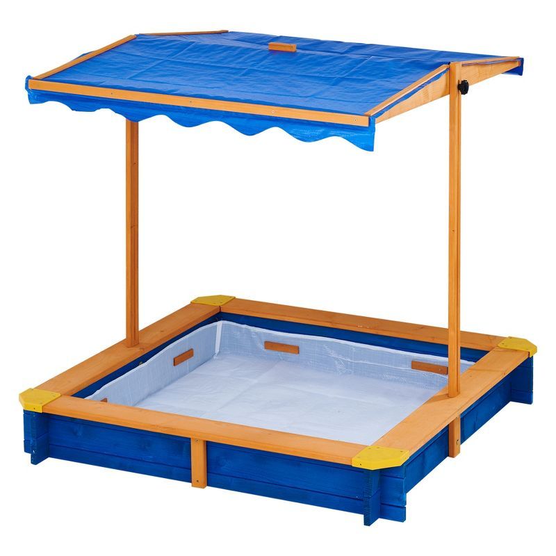 Blue and Wood Square Sandbox with Adjustable Canopy