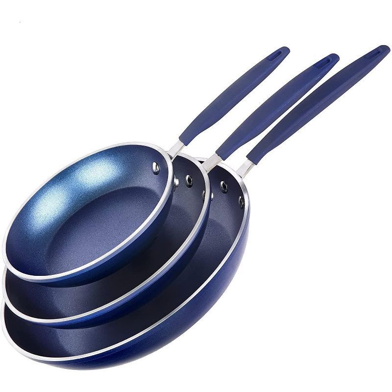 Blue Aluminum Nonstick Fry Pan Set with Silicone Handles