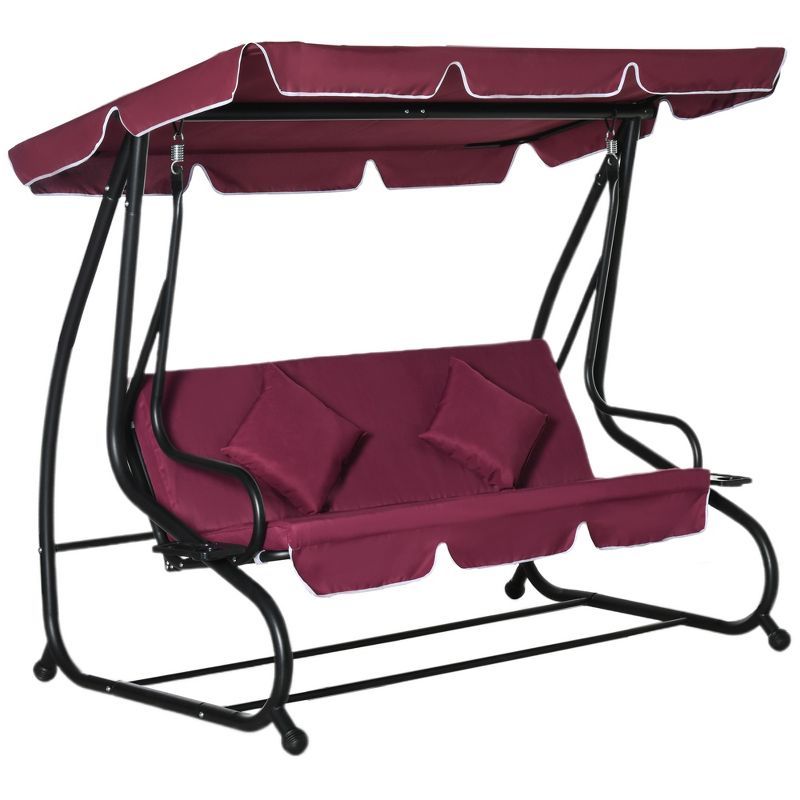 Wine Red Metal 3-Seat Outdoor Swing Bench with Cushions and Canopy