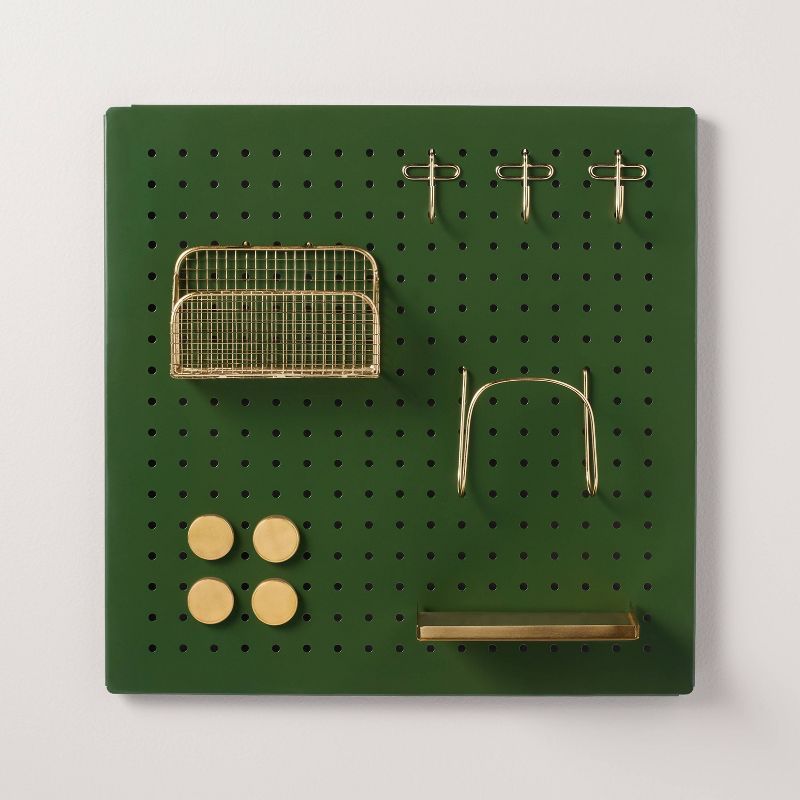 Large Green and Gold Metal Pegboard Wall Organizer Set