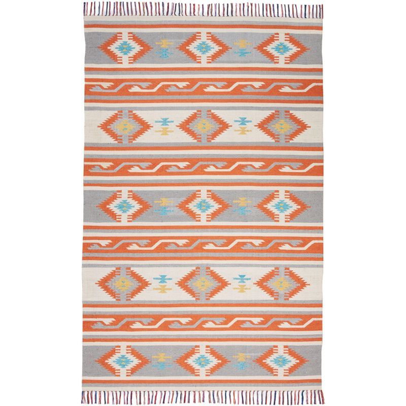 Ivory and Grey Cotton Tribal Flat Woven 5' x 7' Area Rug