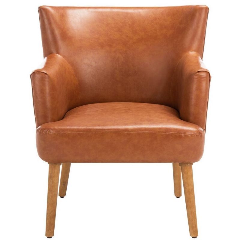 Cognac Leather Mid-Century Modern Accent Chair with Wood Legs