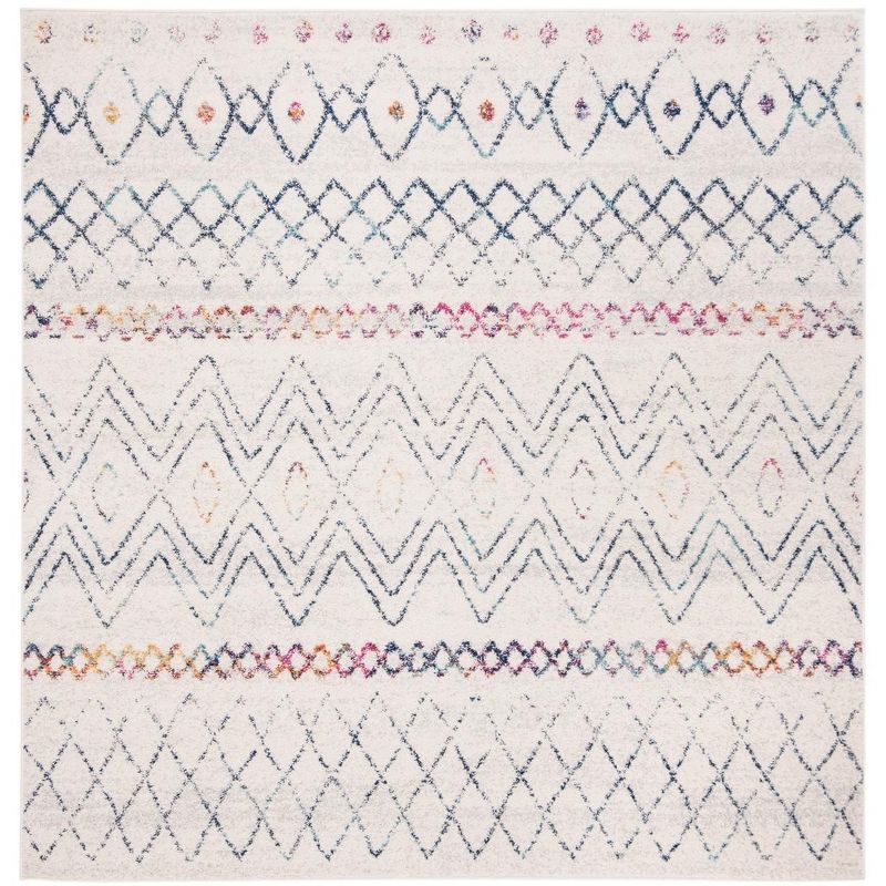 Ivory and Navy Geometric Patterned Square Area Rug
