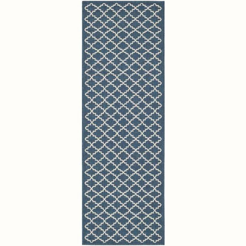 Navy and Beige Synthetic Outdoor Runner Rug