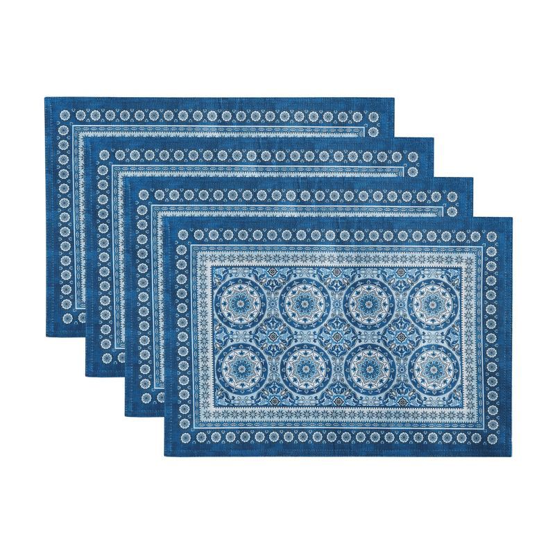 Blue Medallion Block Print Polyester Placemats, Set of 4