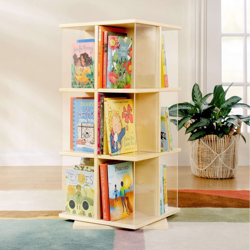 Natural Birch Rotating 3-Tier Kids' Book Display with Acrylic Sides