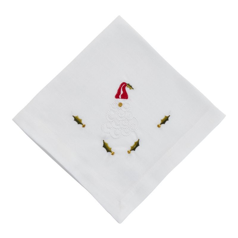 White Cotton Table Napkins with Embroidered Santa Design, Set of 4