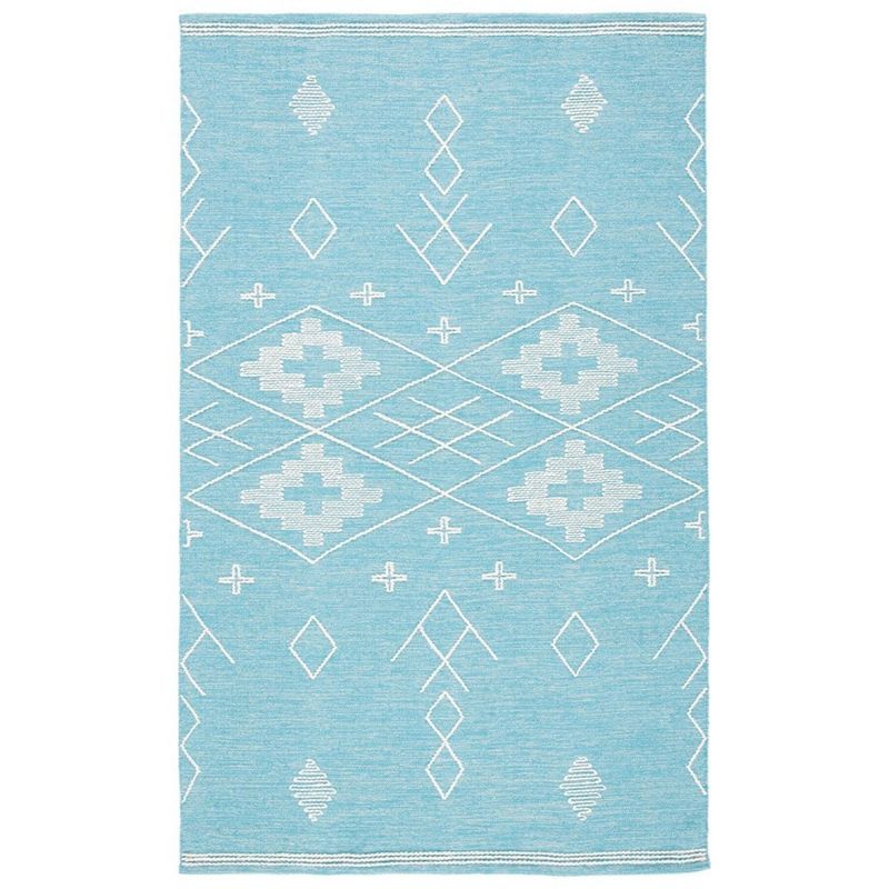 Teal and Ivory Flat Woven Wool Cotton Area Rug 4' x 6'