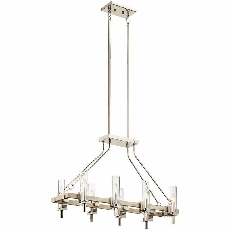 White Washed Wood and Bronze 8-Light Linear Chandelier