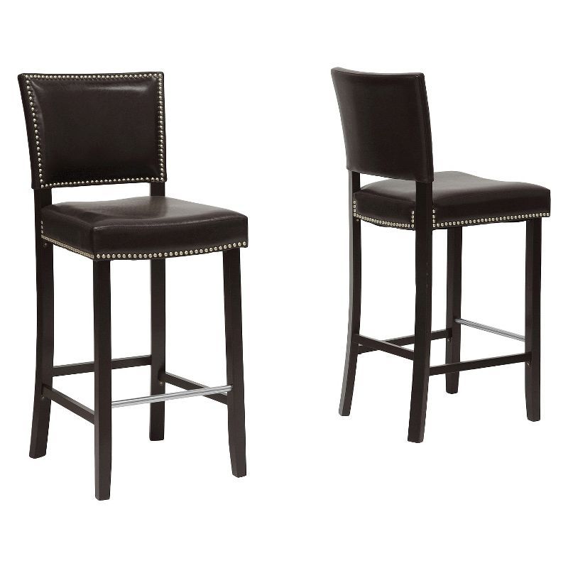 Set of 2 Dark Brown Faux Leather Bar Stools with Nail Head Trim