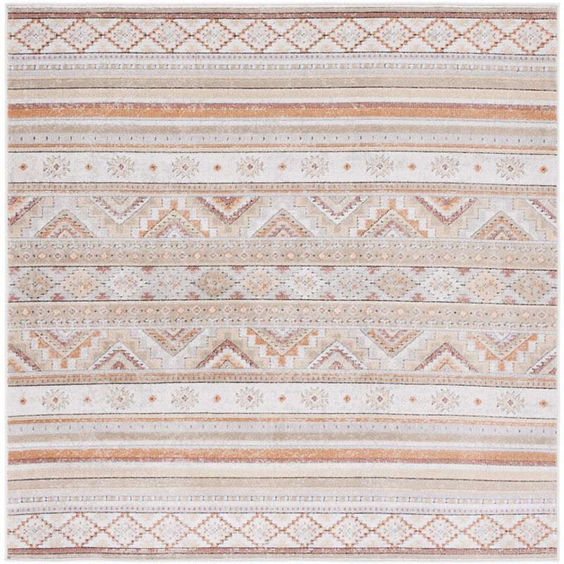 Ivory Beige Geometric Synthetic Square Area Rug