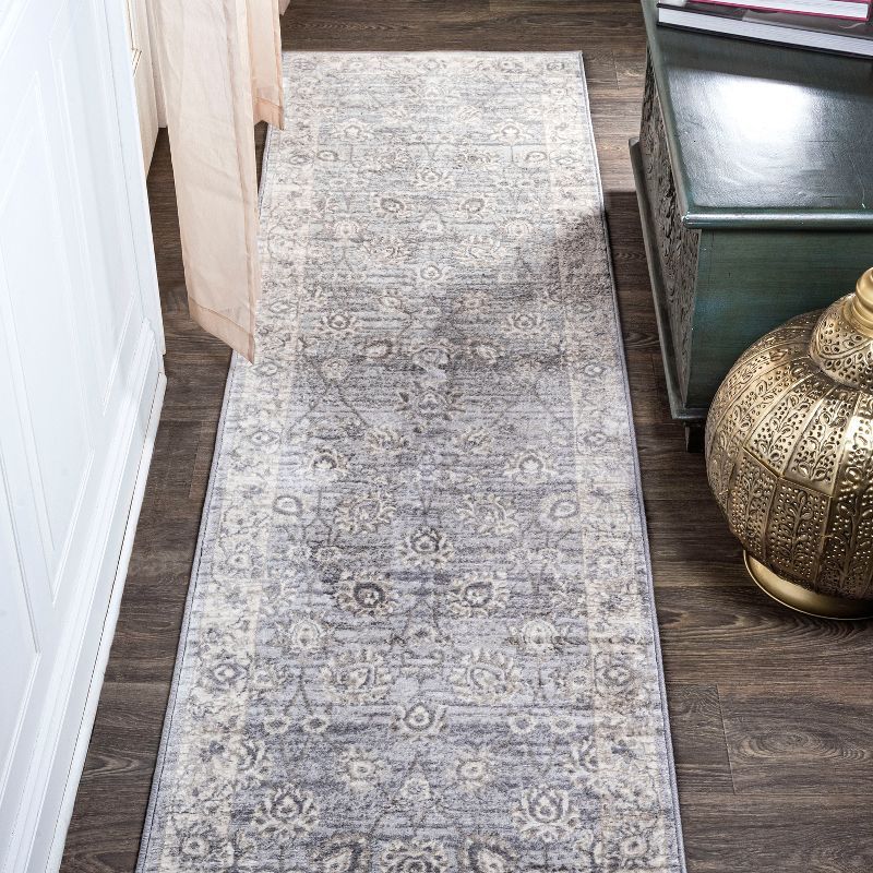 Elegant Light Gray Floral Synthetic 2x8 Runner Rug