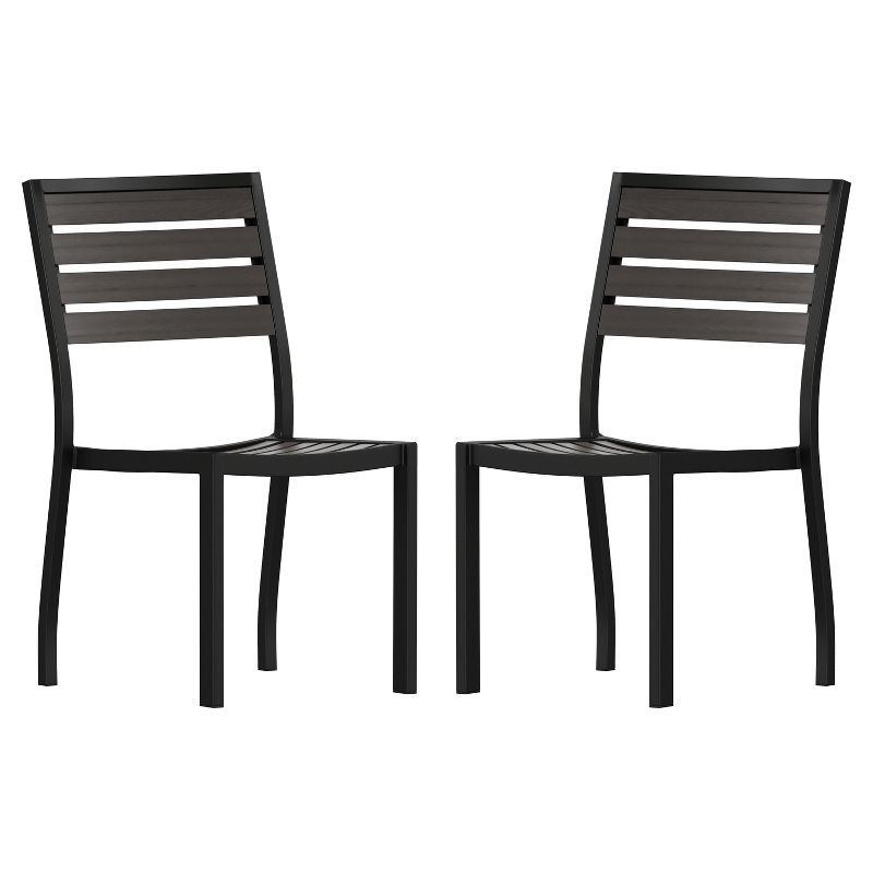 Gray Faux Teak and Aluminum Outdoor Patio Chairs, Set of 2