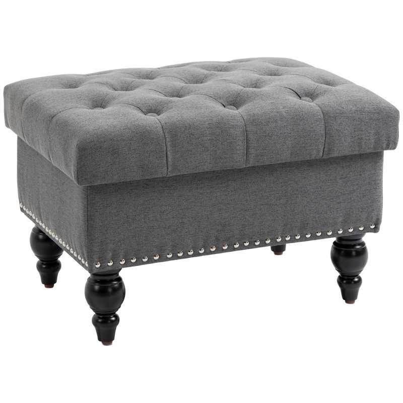 Elegant Gray 67cm Tufted Fabric Ottoman with Wood Legs and Storage