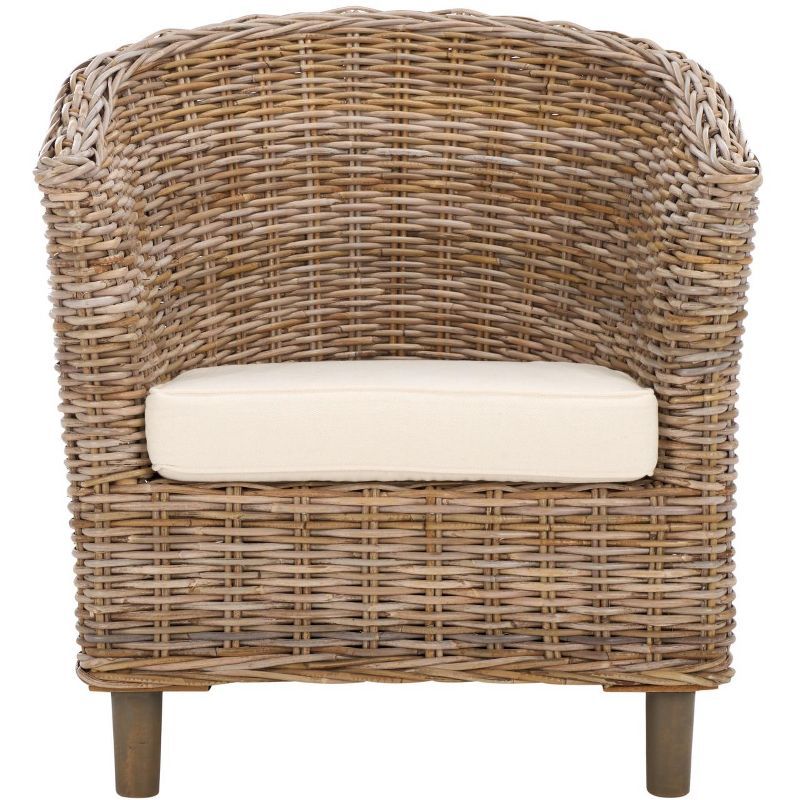 Natural Unfinished Rattan Barrel Accent Chair with White Cushion