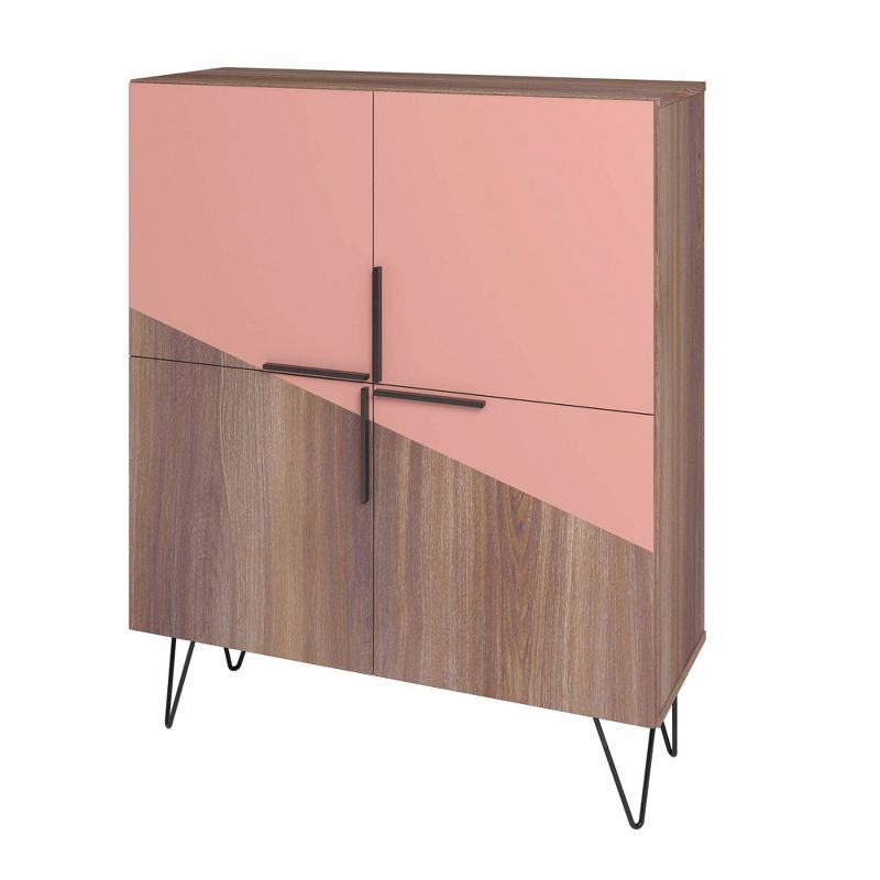 Brown and Pink Mid-Century Modern Low Cabinet with Hairpin Legs