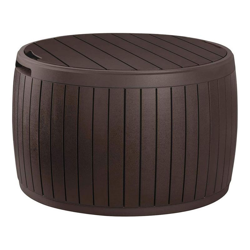 Brown Circular Resin Patio Deck Storage Box with Wood Texture