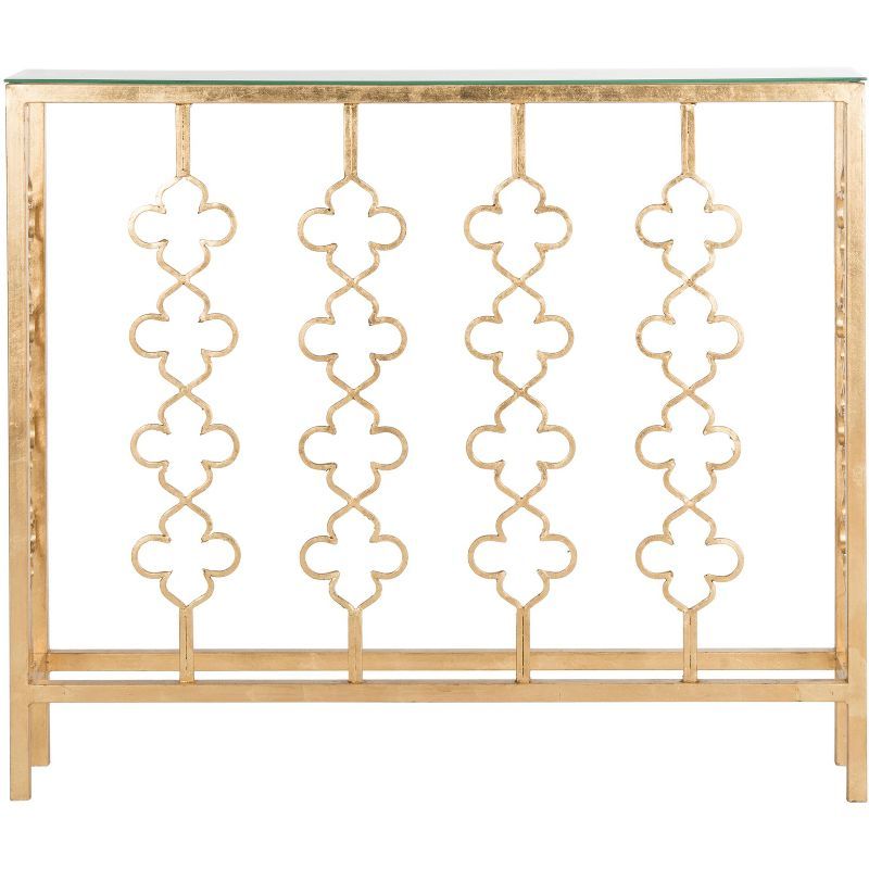 Elegant Gold Leaf Quatrefoil Console Table with Clear Glass Top