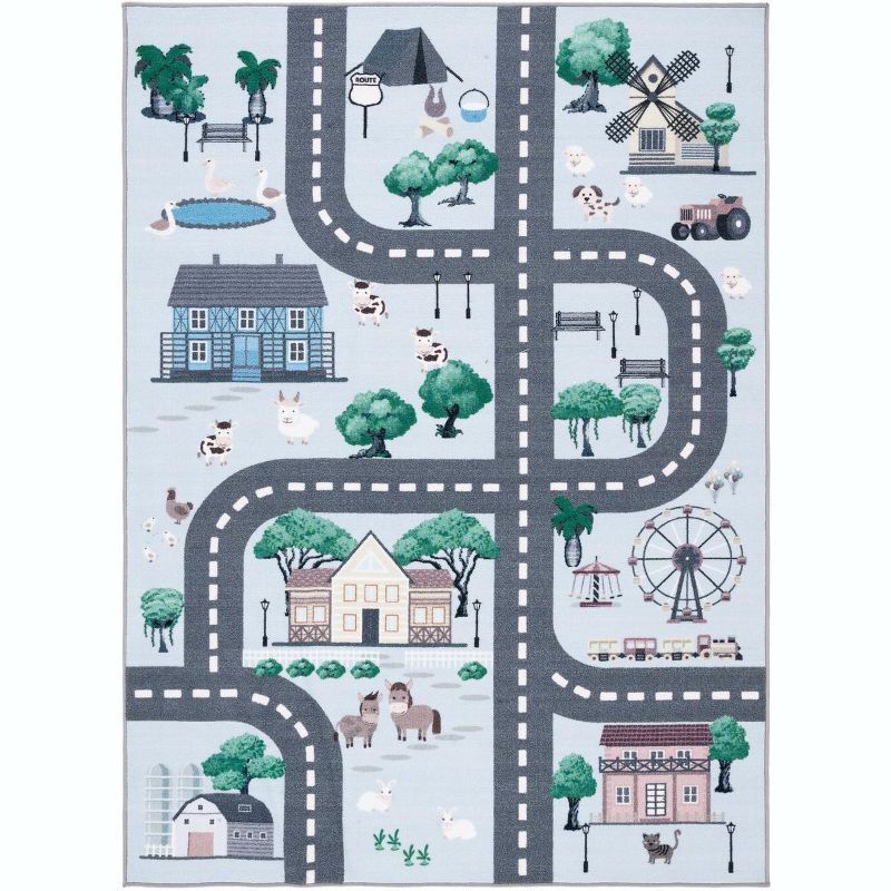 Blue and Dark Grey Kids Playhouse Educational Area Rug