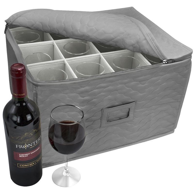 Gray Quilted Fabric Lidded Stemware Storage Box with Dividers