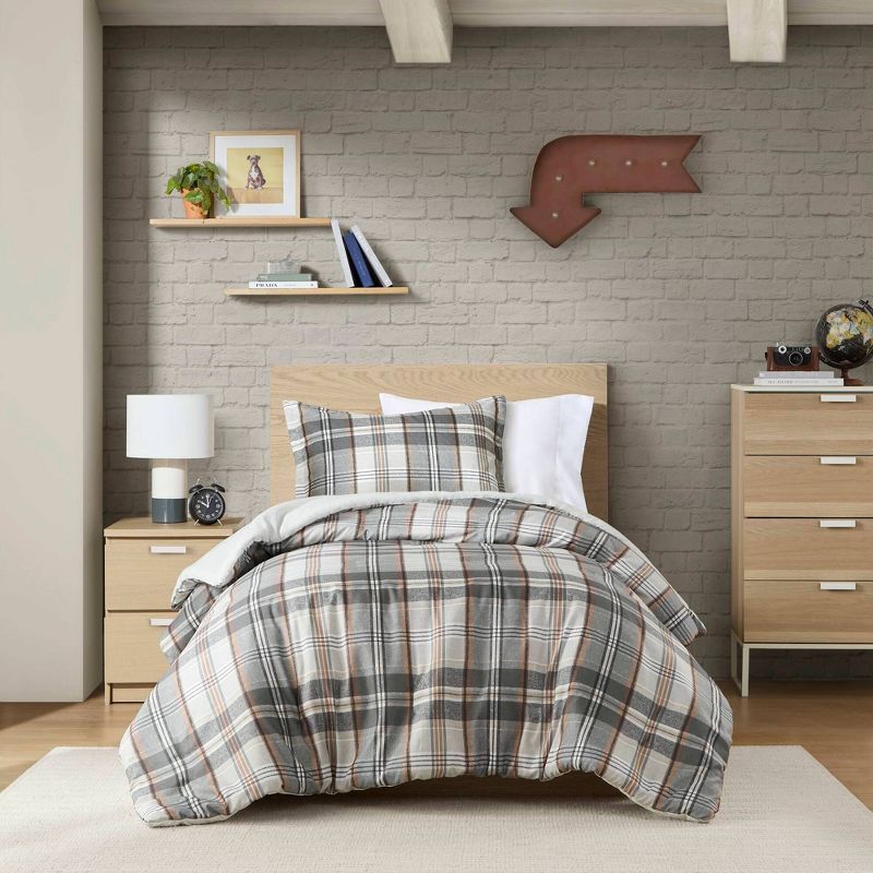 Tan and Gray Plaid Microfiber Twin Bedspread Cover Set