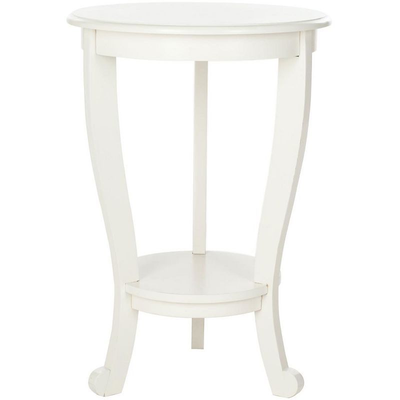 Transitional Round Wood & Stone Pedestal Side Table in Distressed Cream