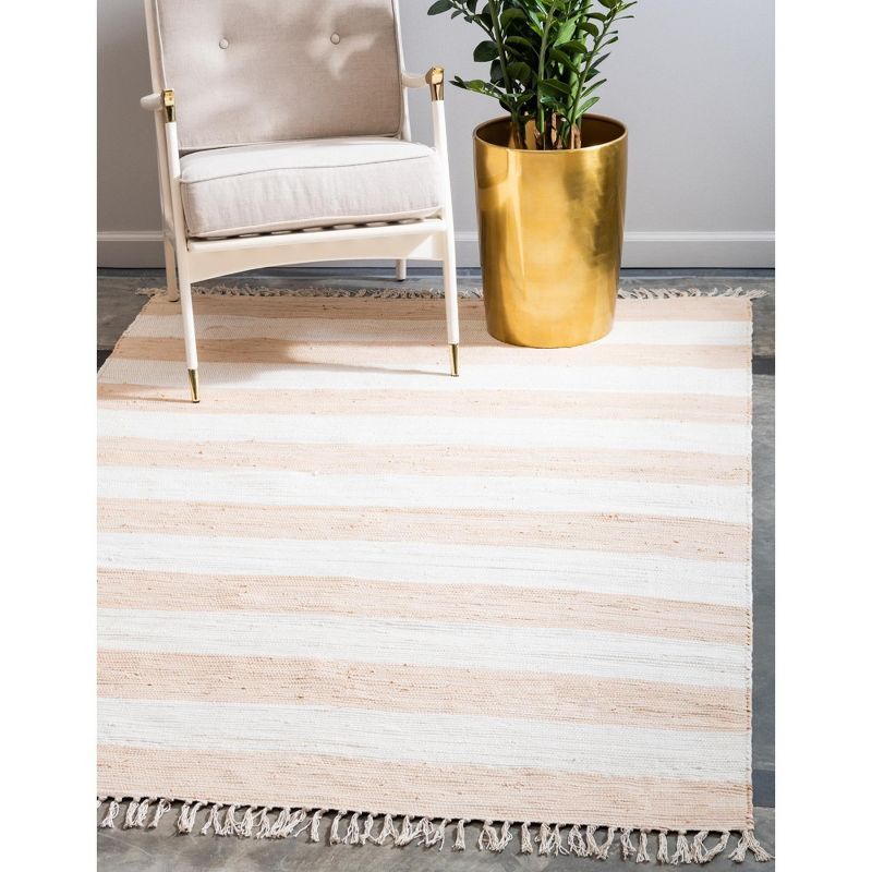 Handmade Beige and White Cotton Striped 12x16 Area Rug