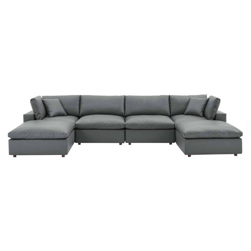 Gray Faux Leather Six-Piece Sectional Sofa with Ottoman