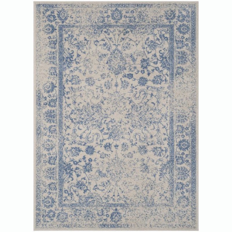 Ivory and Light Blue Floral Rectangular Area Rug, 6' x 9'